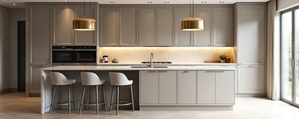 Modern kitchen interior design. Gold pendant lights, marble island, stylish bar stools create luxury ambiance. Neutral color palette adds warmth. Kitchen appliances, dining area, wooden floor,