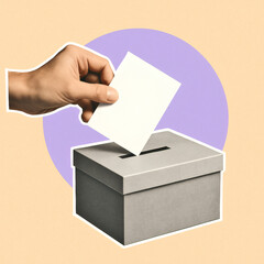Colorful Modern Voting Concept Artwork, Hand Holding Paper Ballot Near Ballot Box, Lavender Circle on Beige Background, Election, Democracy, Political Choice, Civic Duty