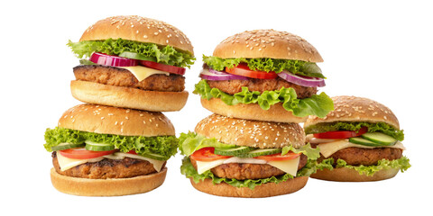 Stack of Four Delicious Burgers, Isolated on Transparent Background, Fast Food, Hamburger, Veggie Burger, Burgers, Food, Restaurant