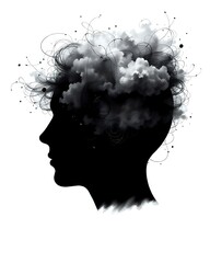 A Head Silhouette Filled with Swirling Fog or Blurry Scribbles, Surrounded by Faint Clouds or Static Lines, Suitable for Mental Fatigue or Confusion Topics
