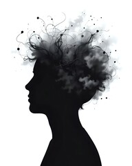 A Head Silhouette Filled with Swirling Fog or Blurry Scribbles, Surrounded by Faint Clouds or Static Lines, Suitable for Mental Fatigue or Confusion Topics