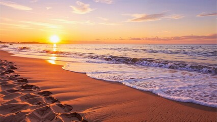 Sunset Over the Ocean with Footprints on the Beach
