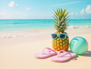 Fun Tropical Beach Scene with Pineapple and Accessories
