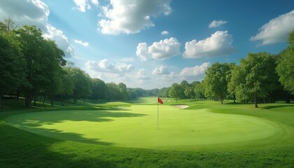 Obraz premium Golf course scene with vibrant green grass, red flag on center. Sunny day with blue sky, fluffy clouds. Golfing recreation sports game, sport training, outdoor hobby. Golf players play club, compete
