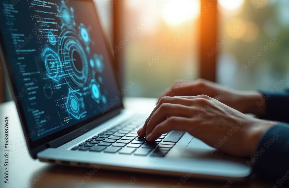 Aufkleber Person works on laptop screen displaying data analysis visualization. Modern tech business concept, workflow optimization, innovation in digital systems. Improving productivity automation efficiency.