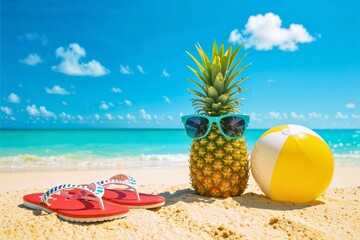 Fun Tropical Beach Scene with Pineapple and Beach Accessories

