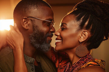 Couple sharing a joyful moment together in a cozy indoor setting during sunset