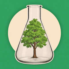 Vibrant Collage Art Science Meets Nature, Modern Magazine Cut-Out Style with Chemistry Flask & Growing Tree on Green Background, Creative, Abstract, Eco-Friendly Concept