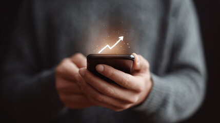 Closeup of a person using a smartphone with an upward trending arrow graphic overlayed. Symbolizes growth, success, investment, and data analysis on mobile.