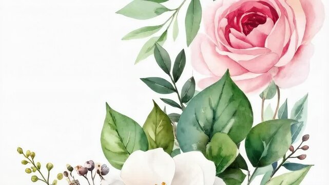 Floral watercolor painting featuring soft pink roses, delicate white flowers, and lush green foliage arrangement on a white background.