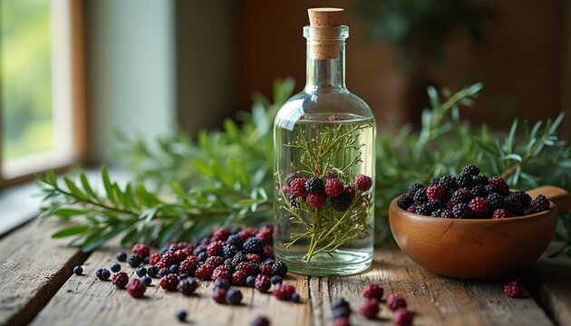 Clear glass bottle filled with homemade juniper berry infused gin. Fresh blackberries, juniper branches inside. Rustic, natural, organic drink on wooden table. Summer refreshment, taste experience