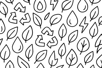 Seamless doodle pattern of eco-friendly symbols in black and white