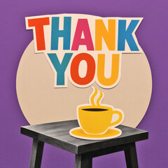 Vibrant Contemporary Collage Art, Colorful Cutout Text 'Thank You', Wooden Table, Yellow Coffee Cup on Beige Circle & Purple Background, Creative Abstract Design, Modern Wall Art, Digital Download
