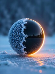Frozen Sphere with Frost and Glowing Edge in Winter
