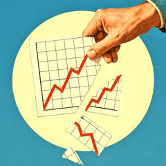 Vibrant Collage Art Hand Tearing Financial Graph into Pieces, Creative Cut-Out Magazine Art Against Blue Sky & Beige Circle, Abstract Business Decline Concept