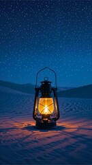 Lantern Glowing in Desert with Starry Night Sky
