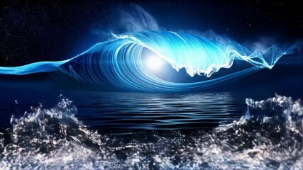 Dramatic blue wave forming over the water in a dark, starry ocean with shining light in the crest, abstract digital art. - Powered by Adobe