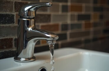Chrome faucet bathroom sink with flowing water. Modern design, water stream, close-up photo. Home interior, plumbing, water tap. Water saving concept. Washing, cleaning, hygiene. Repair service.