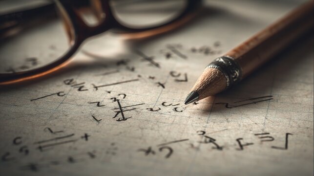 Mathematical Sketch with Pencil on Paper Surrounded by Glasses