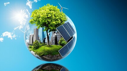 Clean planet with city skyline powered by solar panels and wind turbines reducing air pollution