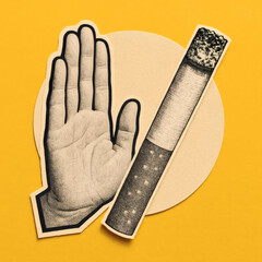 Quit Smoking Concept Art, Colorful Modern Collage with Refusing Hand Gesture & Cigarette Cut-Out, Empowering No Smoking Design, Bold Anti-Smoking Message, Vibrant Yellow Background