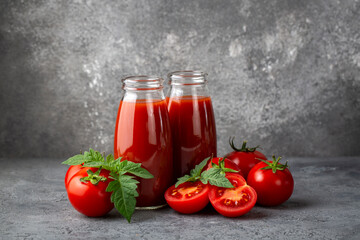 Tomato juice in a glass and fresh tomatoes