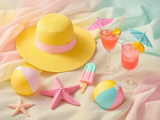 Colourful Summer Beach Accessories with Refreshing Drinks
