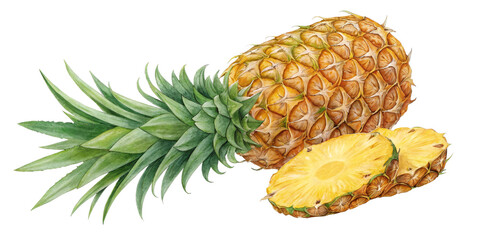 Watercolor Pineapple Composition Whole and Sliced Fruit Isolated on Transparent Background, tropical fruit, summer fruit, pineapple illustration, tropical, watercolor, illustration