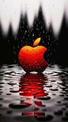 Apple Logo with Water Droplets and Reflection
