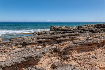 Calcareous reef rock and marine sediment (Pleistocene), Chiefly emerged coral reefs, Reefs consist of coral heads and coralline algae cemented by a lime matrix. Kaʻena Point Trail（North), Oahu Hawaii.