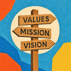 Colorful Modern Collage Artwork, Values, Mission, Vision Signpost, Inspirational Conceptual Design with Layered Cut-Out Elements, Business Motivation Background