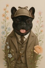 Fashionable French Bulldog in Mixed-Style Apparel and Floral Accents (AI Generated)