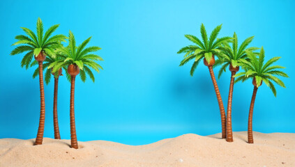 Luxury Tropical Summer Mockup, Elegant Plastic Coconut Trees, Vibrant Blue Backdrop, Realistic Beach Sand, High-Depth-of-Field, Premium Design Concept,