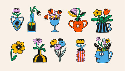 Playful surrealist flowers, houseplants and vases cartoon characters