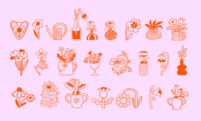 Cute hand drawn flowers, plant pots, houseplants and vases doodles set