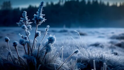 Delicate winter landscape with ice crystals on frosted grass and plants at sunrise in a snowy meadow, creating a cool blue natural scene - Powered by Adobe