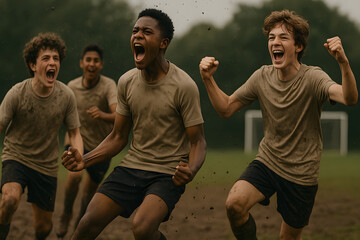 Excited Soccer Team Celebrating Victory