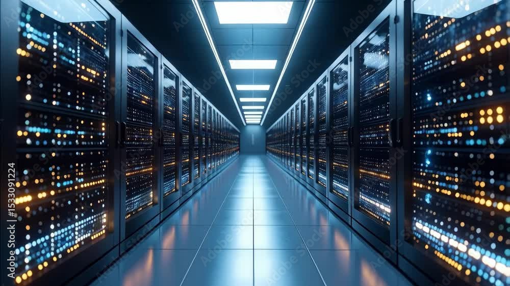 Poster illuminated corridor in server room with glowing lights displaying server information and modern tec