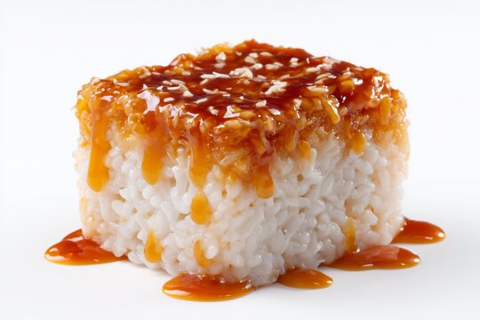 Delicious biko sticky coconut caramel rice cake isolated against a clean white background, showcasing its glossy caramel topping and fluffy rice base