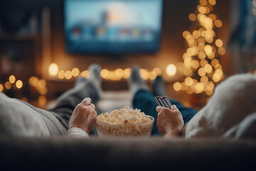 Cozy evening with popcorn while watching a movie in a warmly decorated living room