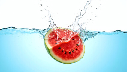 Exquisite Watermelon Splash, High-Speed Freeze Frame, Crystal Clear Droplets, Vibrant Freshness, Artistic Food Photography, Luxury Splash Shot, Dynamic Fruit Motion