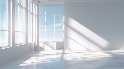 Obraz premium Bright and Spacious Office Mockup with Large Windows and Blank Wall