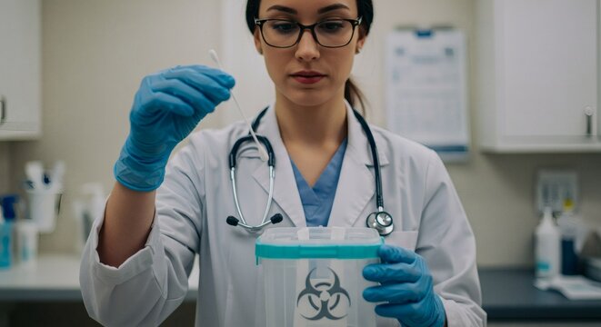 A doctor in blue gloves holding a swab near a biohazard container, ready to test. - Powered by Adobe