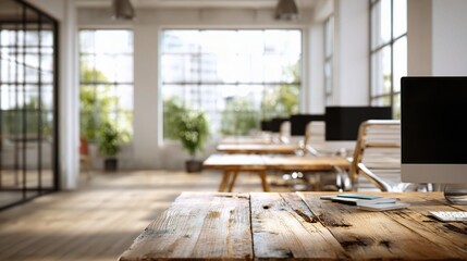 Modern Open Space with Wooden Desks and Natural Light in Office