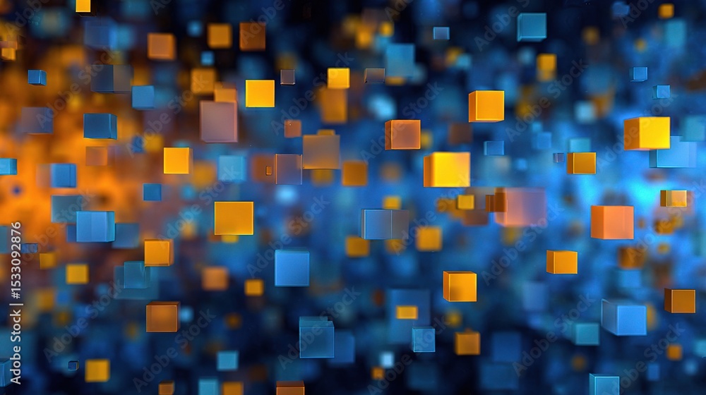 Poster abstract blue and orange background with floating shapes in motion