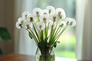 A glass vase with several dandelions, which have white fluffy heads and green leaves in the background Generative AI
