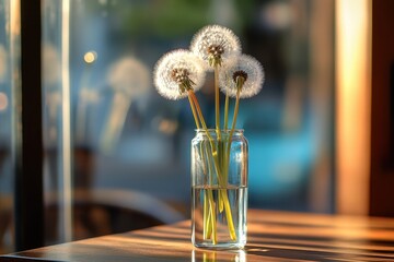 A glass vase with white dandelions on top of it, sitting in front of a table Generative AI