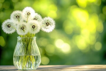 A clear glass vase with several dandelions, white and fluffy flowers in the shape of clouds, placed on an outdoor wooden table, with a green background Generative AI