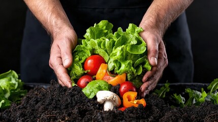 Fototapeta premium Hands holding fresh lettuce, tomatoes, bell peppers, and mushrooms over rich soil in a garden setting.