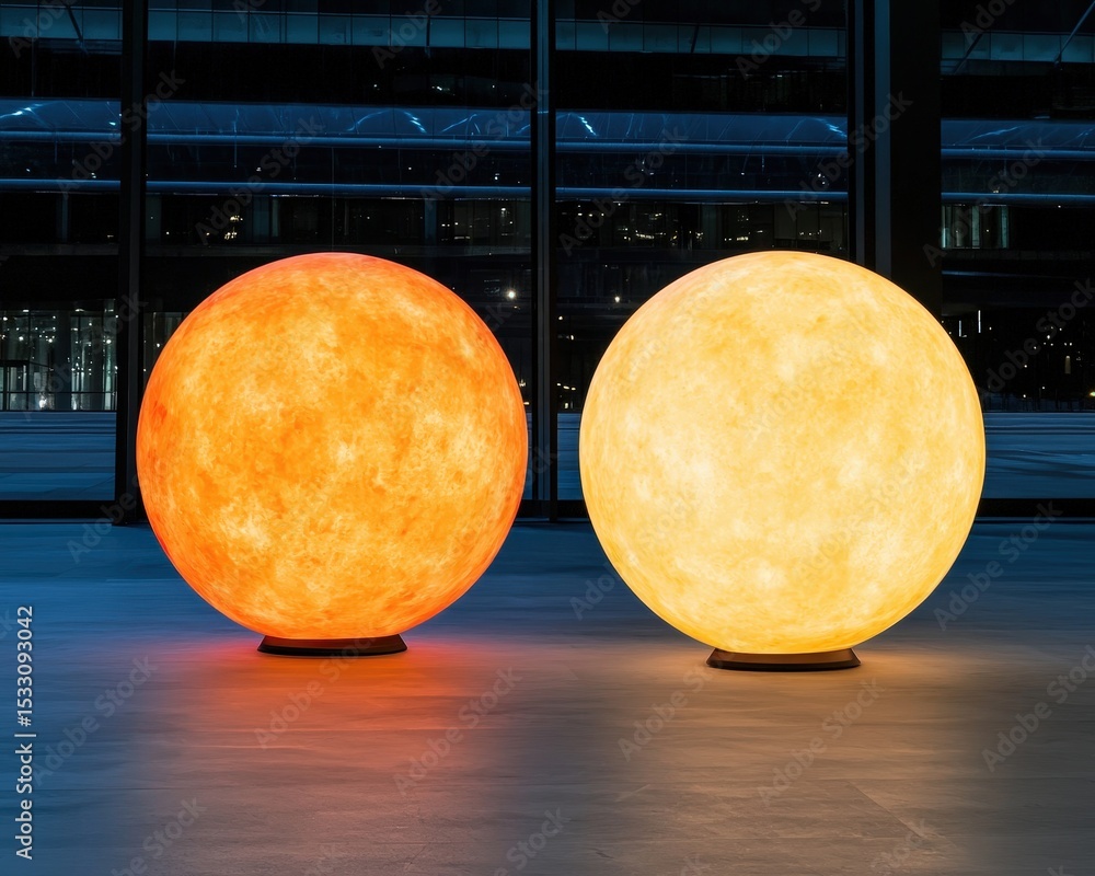Poster two large illuminated spheres resembling suns with different colors stand on a smooth floor inside a
